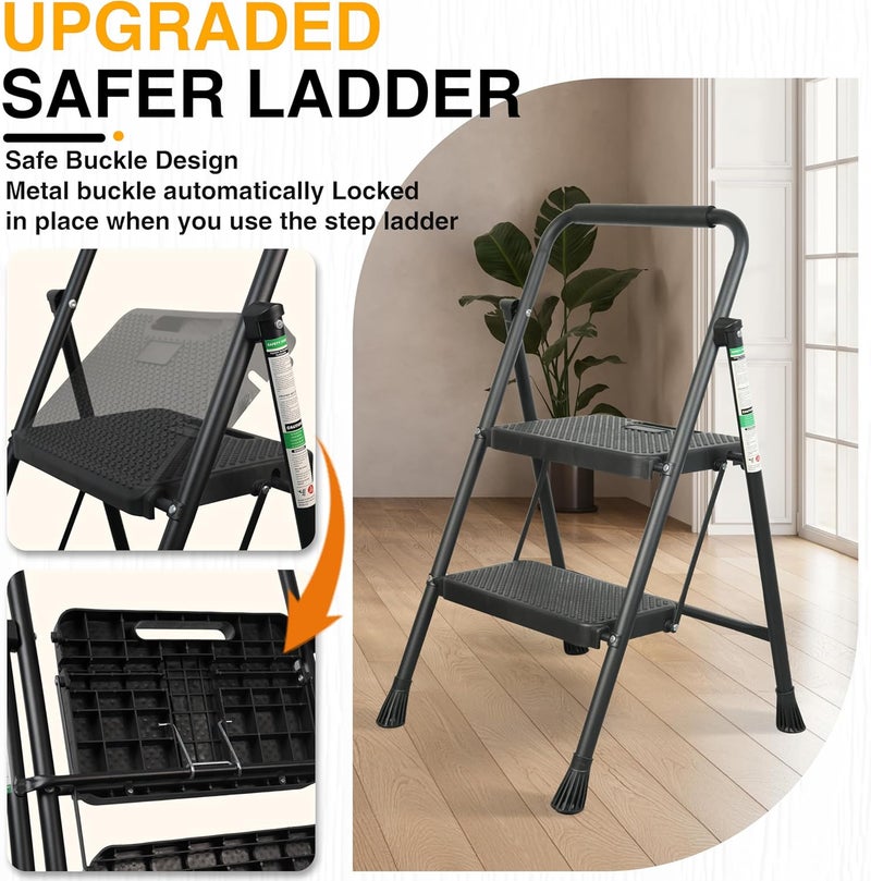 Arbusb 2 Step Ladder, Portable Steel Folding Step Stool with Wide Anti-Slip Pedal & Convenient Handgrip, 500lbs Sturdy Steel Ladder, Black - Image 2